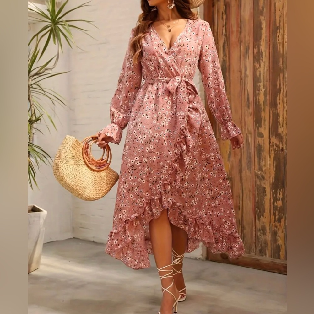 Floral Print Surplice Neck Dress, Elegant Long Sleeve Belted Wrap Hem Dress